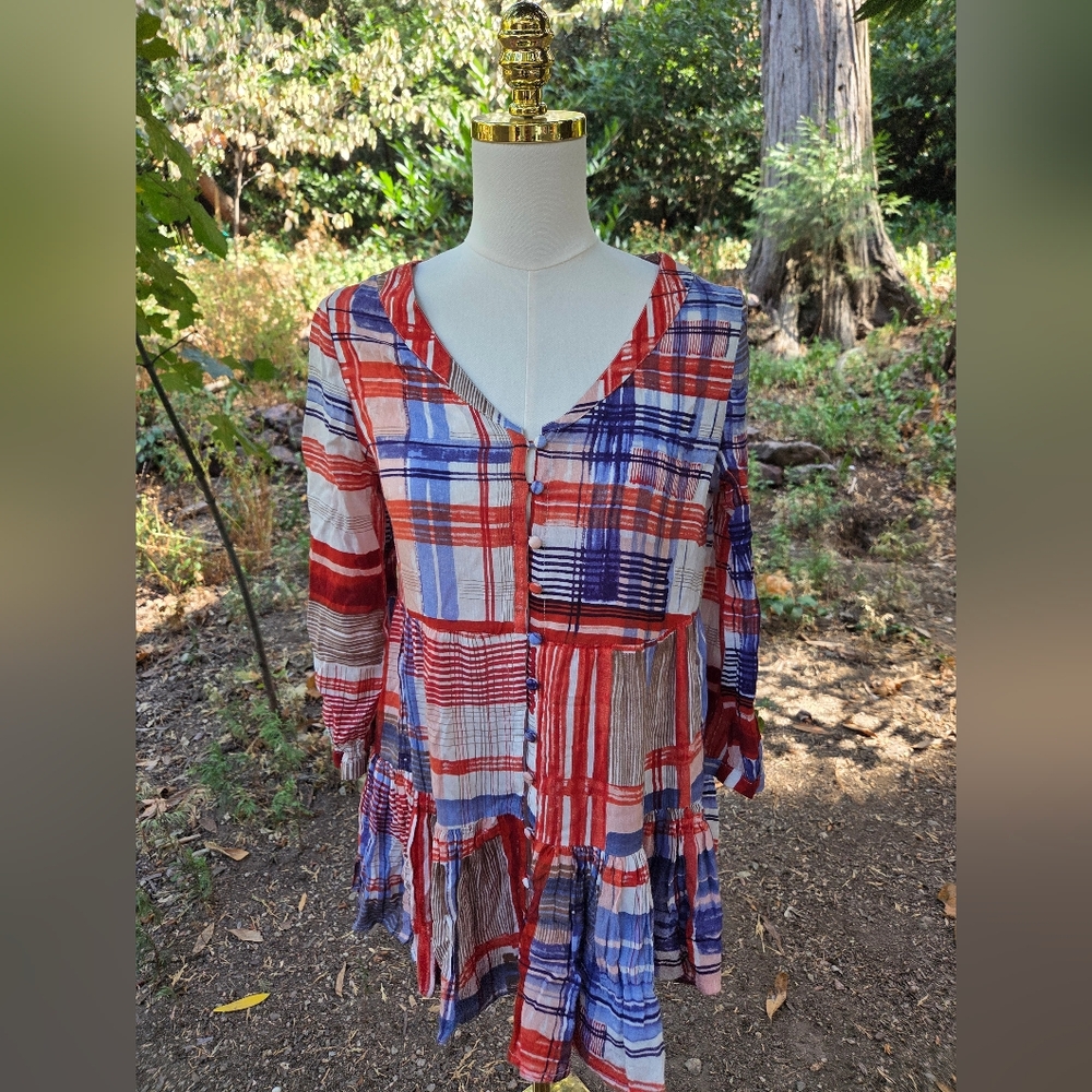 Anthropologie Maeve Patriotic Red and White Plaid Blouse Size‎ XS